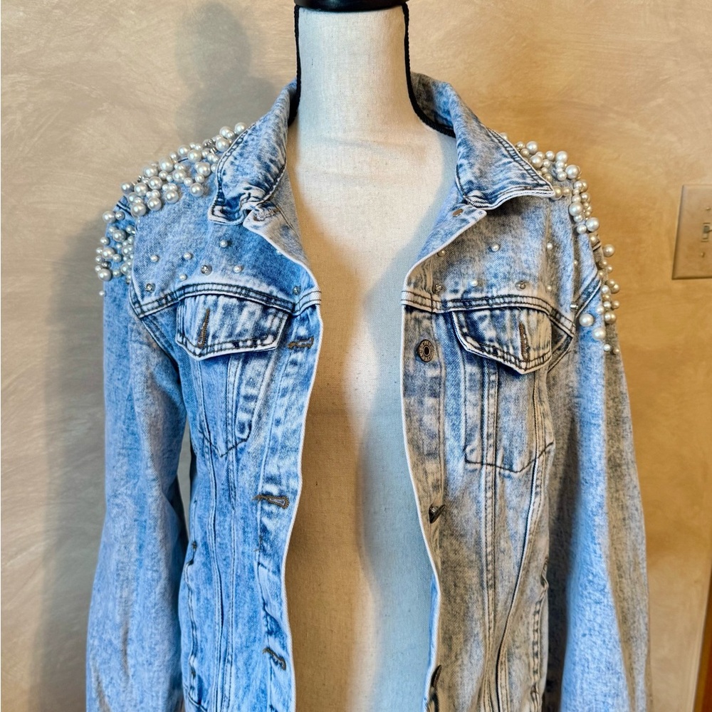 Pearl Studded Light Blue Denim Jacket